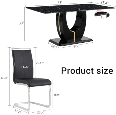 71" Modern Dining Table Set for 6, Black Faux Marble Dining Table with 6 Upholstered Chairs, Large Rectangle Kitchen Table Set, Tempered Glass Tabletop, U-Shaped Base, Ideal for Dining Room