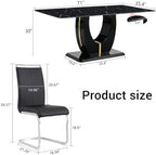 71" Modern Dining Table Set for 6, Black Faux Marble Dining Table with 6 Upholstered Chairs, Large Rectangle Kitchen Table Set, Tempered Glass Tabletop, U-Shaped Base, Ideal for Dining Room