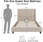 Queen Size Upholstered Bed Frame, 52.7" High Headboard Wingback Bedframes with Solid Wood Retro Legs, Sturdy Metal & Wooden Slat Support/No Box Spring Needed/No Noise, Clay Taupe Boucle