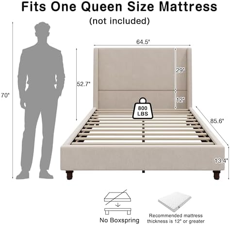 Queen Size Upholstered Bed Frame, 52.7" High Headboard Wingback Bedframes with Solid Wood Retro Legs, Sturdy Metal & Wooden Slat Support/No Box Spring Needed/No Noise, Clay Taupe Boucle