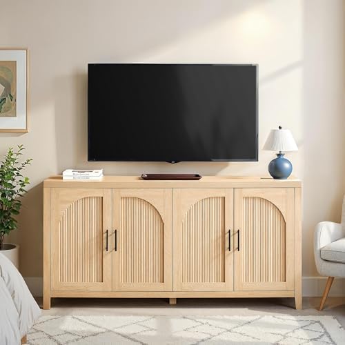 Walker Edison Sasha 4-Door Reeded Sideboard Buffet with Cord Management, 60 Inch, Coastal Oak