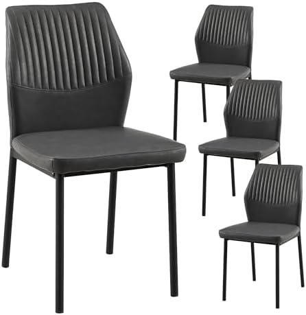 Modern Dining Chairs Set of 4, PU Leather Comfortable Upholstered Dining Room Kitchen Side Chair with Black Metal Legs for Living Room Restaurant, Waterproof, Space-Saving (Grey)