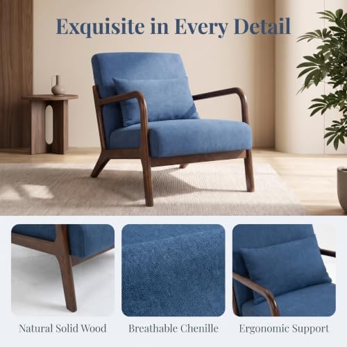 Komene Mid Century Modern Accent Chair Sitting Chair with Solid Wood Frame, Upholstered Living Room Lounge Armchair with Waist Cushion, Comfy Reading Chair for Bedroom Sunroom Office,Blue