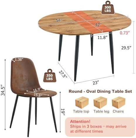 FURNITO Round Dining Table Set for 6, 42"-54" Round to Oval Extendable Table with 6 Suede Upholstered Chairs, Space-Saving Wood Dining Room Table Set for Small Apartments or Kitchens, Easy Assembly