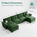 140" Modular Sectional Couch, U Shaped Cloud Sofa for Living Room | Comfortable Foam Cushions, Sturdy Frame, Appealing Appearance, Easy Assembly, Soft Chenille, Modular Design, Green