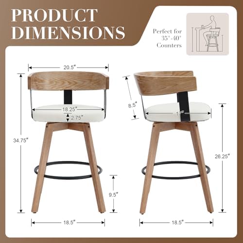 Ya-Home Mid-Century Bar Stools Set of 3, 26 Inch Swivel Counter Height Stools Linen Fabric Barstools with Barrel Backrest Wooden Legs for Kitchen Island Dining Room, White