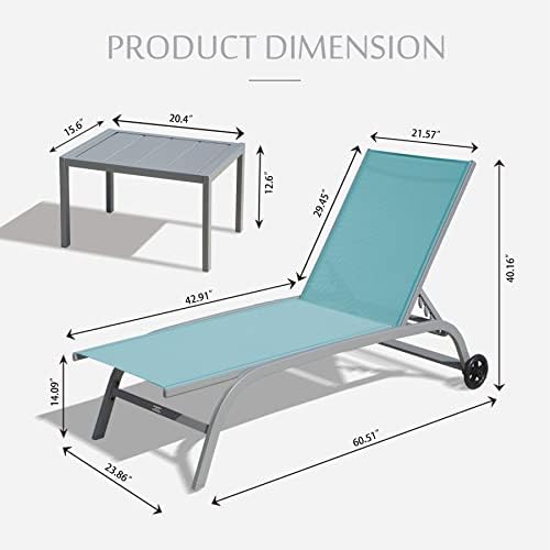 Domi Chaise Lounge Outdoor Set of 3 Lounge Chairs for Outside w/Wheels, 5 Adjustable Position Pool Lounge Chairs for Patio, Beach, Yard, Turquoise Blue
