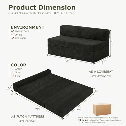 5-in-1 Convertible Sofa Bed, Couch Loveseat with Removable Cushions & Washable Cover, Futon Sofa Bed with Handle, Pull Out Couch for Small Spaces, Queen Size, Black