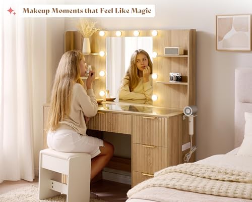 AMERLIFE 47.2" Fluted Vanity Desk with Mirror and Lights, Natural Oak | Large 7 Drawers Wood Makeup Vanity Table with Glass Top and Charging Station for Women and Girls, Bedroom or Dorm