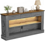 Miereirl 63" Console Table with Drawers & LED Light, Brown & Dark Grey