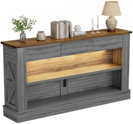 Miereirl 63" Console Table with Drawers & LED Light, Brown & Dark Grey