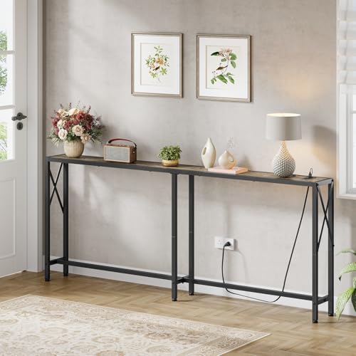 Gewudraw 70" Sofa Table Behind Couch with Socket-Narrow Console Table | Industrial Style, Long Skinny Design,Couch Table For Hallway,Living Room,Bedroom, Built-In Power Outlets & USB, 172cm Length