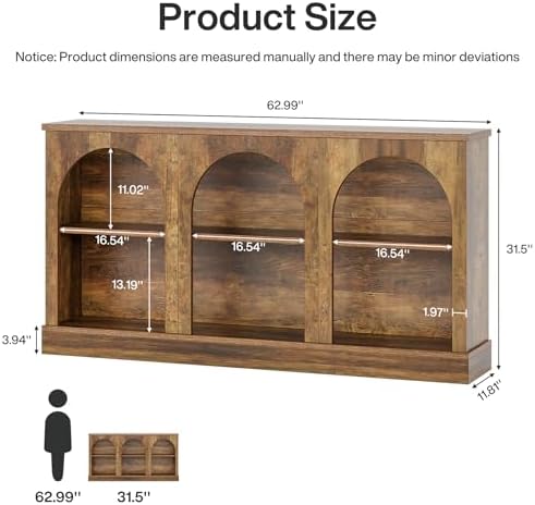 Tribesigns Arched Console Table, 63" Wooden Entryway Table with Storage | Farmhouse Long 3-Tier Sofa Table Behind The Couch for Entrance, Hallway, Living Room, Foyer, Brown