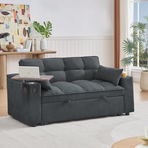 hansones 65'' 3-in-1 Folding Convertible Sofa Bed, Pullout Sofa, Modern Chenille Fabric, 360° Swivel Side Table, Easy Assembly, Perfect for Living Room, Grey