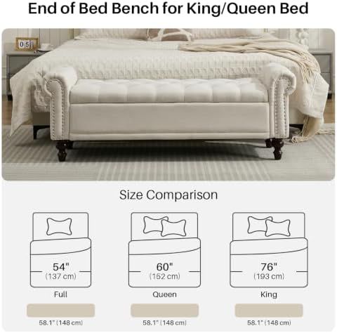 SOFTHION 58.1" Storage Bench for Bedroom, Linen Upholstered, Beige | End of Bedroom Bed Bench Ottoman with Tufted Cushioned Rolled Arm Large Storage Space for Reading/Living Room/Entryway