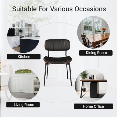 Modern Dining Chairs Set of 2,Upholstered PU Leather Kitchen Chairs,Black | Mid Century Walnut Bentwood Back and Metal Legs for Kitchen Dining Room Living Room