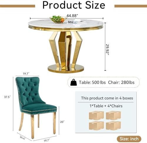3-Piece Round Marble Dining Table Set for 4 with Velvet Chairs | Modern Faux Marble Kitchen Table with 4 Green Tufted Chairs,White Gold Dinner Tables Diamond Stainless Steel Pedestal Base