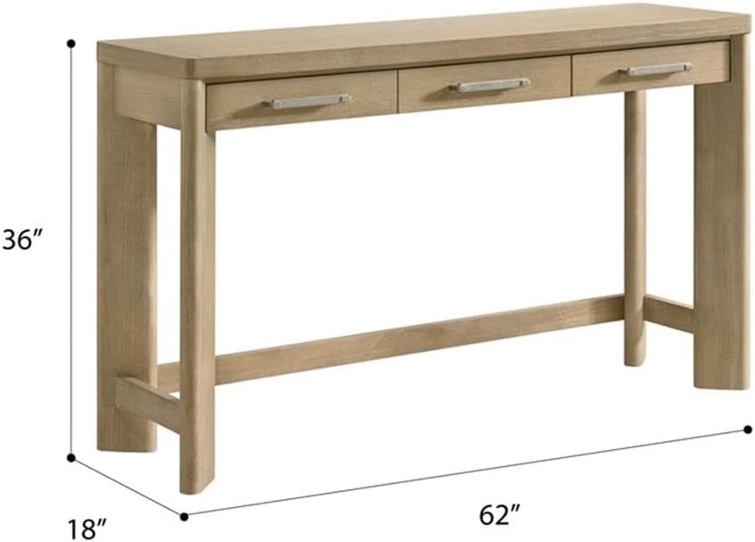 Pemberly Row Oak Console Table Set, Sand Dune Beige Finish, Solid Wood Construction with 3 Drawers & 3 Upholstered Stools, Coastal-Inspired Space-Saving Design for Entryway or Living Room