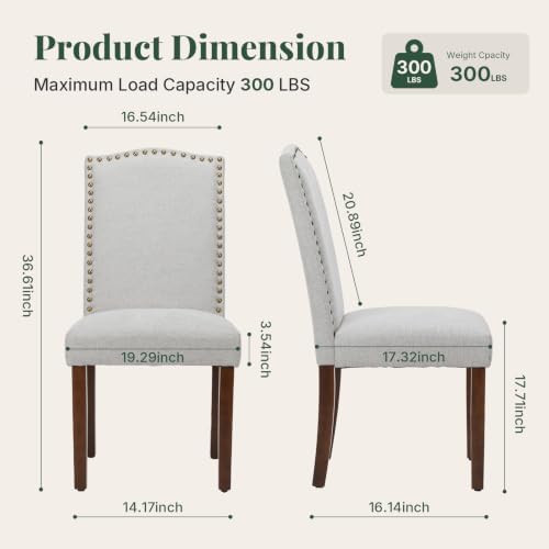 Upholstered Dining Chair Set of 4, Farmhouse Fabric Kitchen Chair | Modern, Padded Seat, Solid Wood Legs, High Back, Nailhead Trim, Living Room, Restaurant, Hotel, Grey