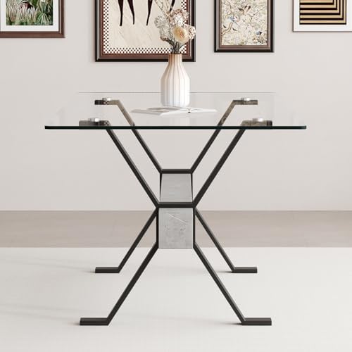Glass Dining Table 71"｜Modern Dining Table for 6｜0.4" Thick Tempered Glass Top｜Matte Black Metal Legs｜Grey Crossbar｜Easy Assembly｜Perfect for Dining Room or Kitchen