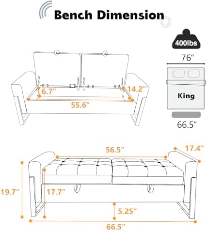 67" Storage Bench for Bedroom, End of Bed Bench King Size, Cream | Double Lids Storage Ottoman Bench with Golden Legs, Upholstered Velvet Bench for Foot of Bed Window Living Room Entryway