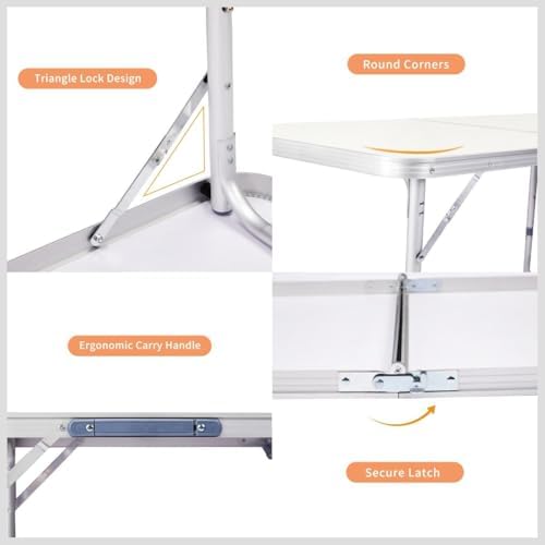 6FT Folding Dining Table, Portable Aluminum Picnic Table with Adjustable Height, Foldable Lightweight Collapsible Camp Table Desk with Carrying Handle for Indoor Outdoor Activities Events