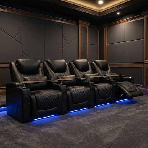 Airadlis Home Theater Seating Seats, Theater Recliner Chair Sofa Game Movie Theater Chairs with 7 Colors Ambient Lighting, Lumbar Pillow, Side Pocket, Tray Table, Power Recline, Black