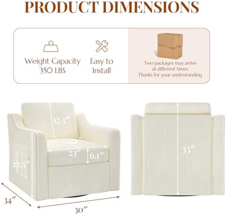 360°Swivel Accent Chair with Lumbar Support, Swivel Armchair with Deep Seat | Soft Chenille Upholstered, Metal Swivel Base, Set of 2 Beige Chairs for Reading & Relaxing, Living Room