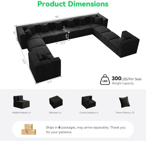 MONVANE Oversized Sectional Couch 12-Seat, Chenille, Black | Sectional Couch for Living Room, Modular Cloud Sofa with Ottoman & 12 Throw Pillows, No Assembly Required