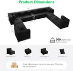 MONVANE Oversized Sectional Couch 12-Seat, Chenille, Black | Sectional Couch for Living Room, Modular Cloud Sofa with Ottoman & 12 Throw Pillows, No Assembly Required