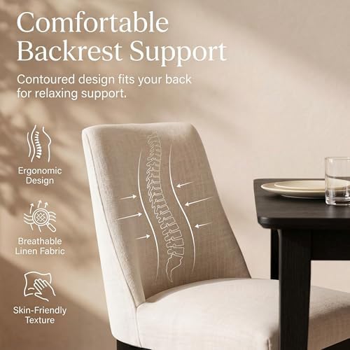 HNY Beige Linen Dining Chairs Set of 6, Soft Upholstered Dining Room Chairs | Comfortable Back Support, Black Brushed Solid Wood Legs, Modern Farmhouse Kitchen Chairs for Living Room, Home, Apartment