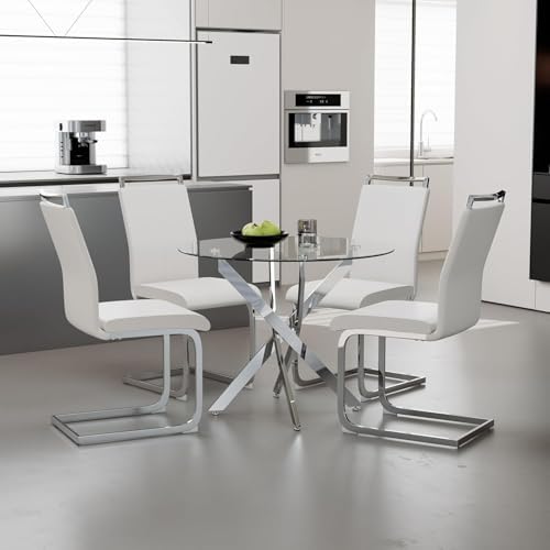 5 Piece Glass Dining Table Set for 4, Modern Tempered Glass Top Kitchen Table and Chairs Set, 4 Upholstered Chairs and Faux Leather Cushions, Space-Saving Small Apartment Dining Kitchen Set