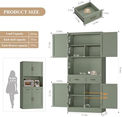 HOSTACK 71" Tall Kitchen Pantry Storage Cabinet, Wood Kitchen Hutch, Green | Modern Pantry Cabinet with Microwave Stand, Hutch Cabinet with Countertop & Drawers, Storage Cabinet for Living Room