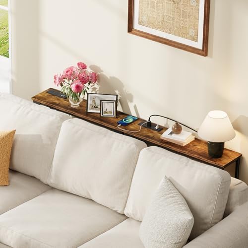 CHOEZON 29.5" Narrow Console Table with Adjustable Height (21.1"-29.9"), Behind Couch Table, Entryway Table with Power Outlet, Narrow Sofa Table, for Entryway, Rustic Brown and Black TXG10UBF