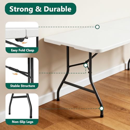 Folding Table 1 Pack, 6FT Folding Table Portable with Built-in Handle, Heavy Duty Plastic Table with Steel Legs Supports to 300lbs, Suitable for Party, Camping, Events Indoor&Outdoor Use, White