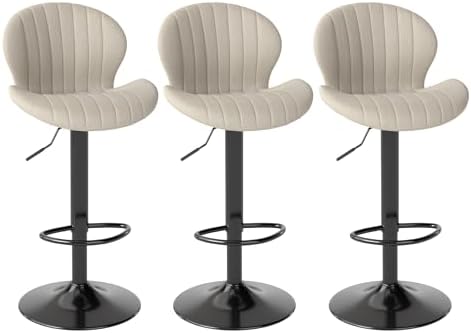Youhauchair Velvet Fabric Counter Height Bar Stools Set of 3, Beige | Modern, Height Adjustable, Swivel, Armless, Kitchen Island Chairs with Back & Footrest, Soft, Upholstered Dining Room Chair