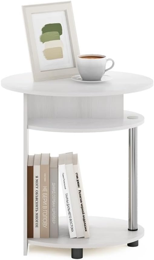Pemberly Row Oval End Table, White Oak Finish, Composite Wood and Stainless Steel, 18.9 x 19.3 x 15.5 in, Built-in Shelves, Functional Design, Compact Nightstand for Bedroom or Hallway Use
