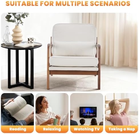 DUMOS Mid Century Modern Accent Chair, 16'' Seat Height Cozy Lounge Chair | Upholstered Armchair with Waist Cushion and Wood Frame for Living Room, Bedroom, Reading Nook, Balcony, Ivory White