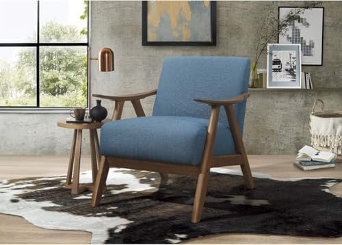 Lexicon Mid Century Modern Accent Chair with Solid Wood Frame in Walnut Finish, Upholstered Living Room Lounge Arm Chair, Thick and Comfy Innerspring Seat Cushion, Linen-Look Fabric, Blue | Upholstered Living Room Lounge Arm Chair, Thick and Comfy