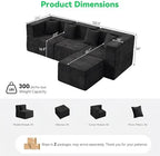 MONVANE L Shaped Sectional Couch Oversized, Chenille, Black | 4-Seat Sectional Couch for Living Room, Modular Cloud Sofa with Ottoman & 4 Throw Pillows, No Assembly Required