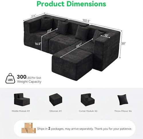 MONVANE L Shaped Sectional Couch Oversized, Chenille, Black | 4-Seat Sectional Couch for Living Room, Modular Cloud Sofa with Ottoman & 4 Throw Pillows, No Assembly Required