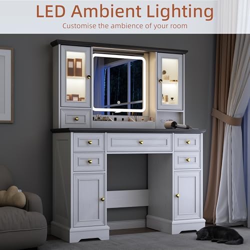 Vanity Desk with Mirror & Lights, Makeup Vanity with Power Outlet & USB Ports, Farmhouse Dressing Table, 6 Drawers & 4 Storage Cabinets, RGB Cabinet Lighting, 3-Color Dimmable Mirror