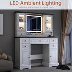 Vanity Desk with Mirror & Lights, Makeup Vanity with Power Outlet & USB Ports, Farmhouse Dressing Table, 6 Drawers & 4 Storage Cabinets, RGB Cabinet Lighting, 3-Color Dimmable Mirror