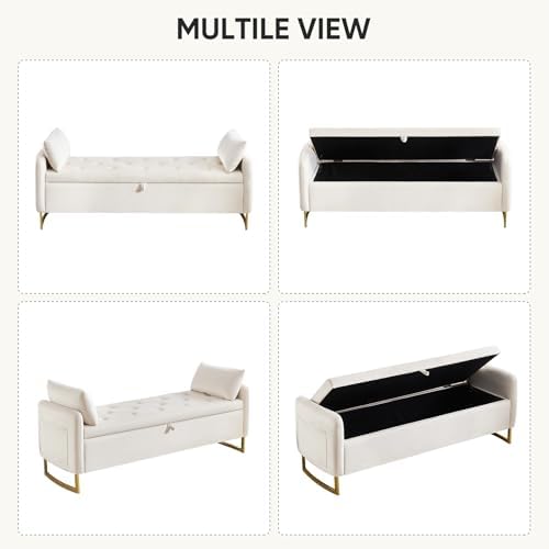 Storage Bench for Bedroom, 65 Inch End of Bed Storage Bench Beige | Velvet Storage Ottoman Bench, Tufted Upholstered and Gold Legs, Bedroom Bench with Storage, Arms, 2 Pillows, for Window