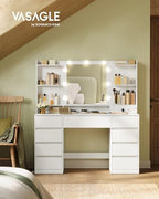 VASAGLE 43.3-Inch Vanity Desk with Mirror and Lights, 9 Drawers | Modern Vanity Table with Power Outlets, Jewelry Storage, Cloud White, for Bedroom, KAILYN Collection URDT141WB01S