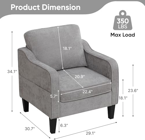 Accent Chairs Set of 2, Upholstered Living Room Chairs with Side Pockets, Mid Century Modern Reading Chair for Bedroom, Comfy Armchair Single Sofa Side Chair for Office, Small Room, Light Grey