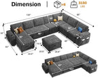 Vipbear 130" Modular Sectional Sleeper Sofa with Pull Out Bed, 9 Seat Chenille U Shaped Couch with Ottoman and Chaise|USB Ports|Cup Holders|Side Table, Tool Free Assembly, Grey
