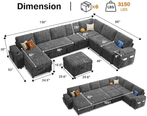 Vipbear 130" Modular Sectional Sleeper Sofa with Pull Out Bed, 9 Seat Chenille U Shaped Couch with Ottoman and Chaise|USB Ports|Cup Holders|Side Table, Tool Free Assembly, Grey