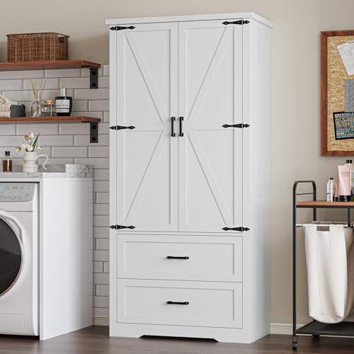 BORNOON Pantry Organizers and Storage Cabinet, 71” Barn Door White Kitchen Cabinet with Drawers and Adjustable Shelf, Tall Pantry for Kitchen, Dining Room, Living Room. Bathroom and Office