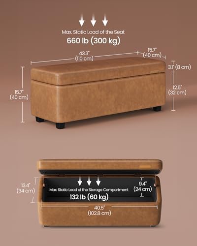 VASAGLE Storage Ottoman Bench with Stitching, PU Leather, Entryway Bedroom | Ottoman Bench, Mid-Century Modern, with Stitching, Bedroom, Living Room, Caramel Brown, EKHO Collection ULOM075K01